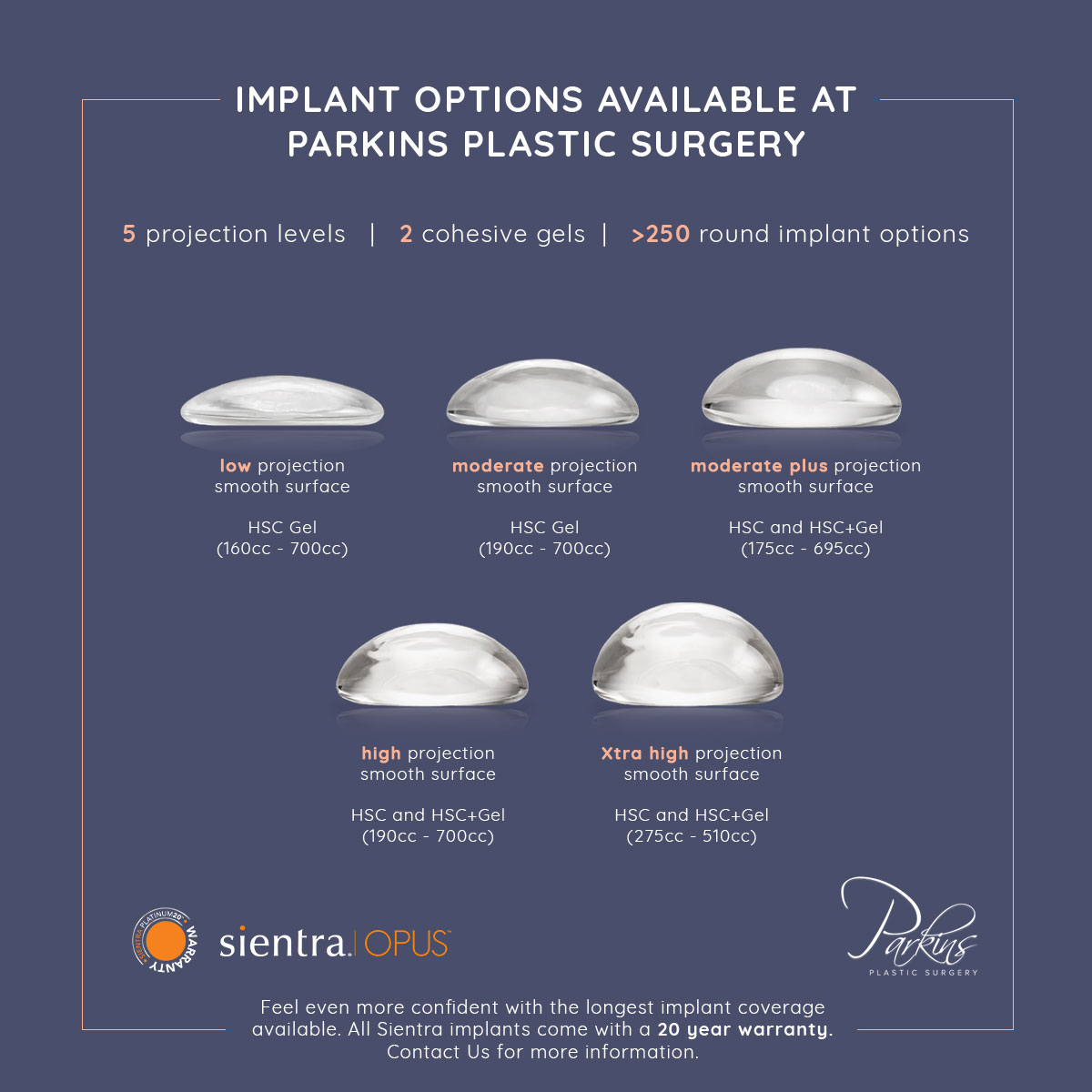 Choose from more than 250 round implant options at Parkins Plastic Surgery in the Milwaukee area.